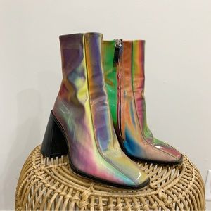 Topshop Y2K Rainbow Holographic Block Heel Ankle Square toe Boots